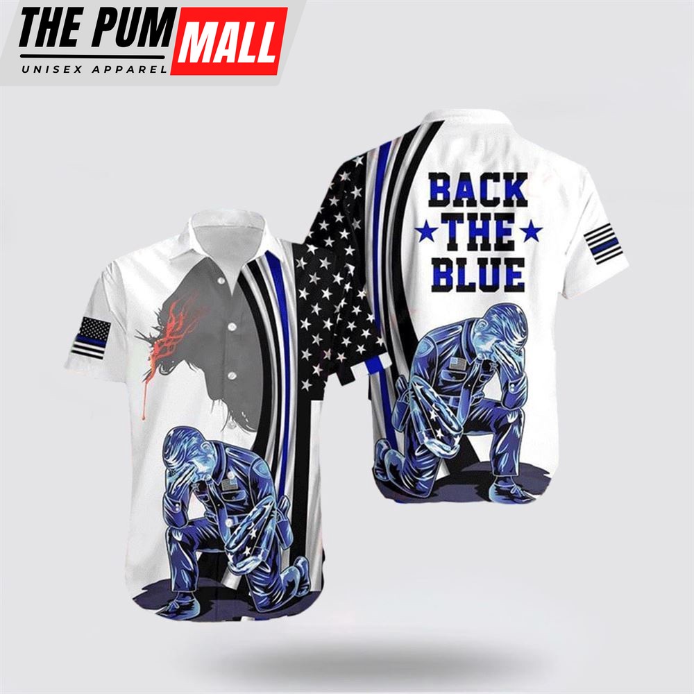 Jesus Hawaiian Shirt, Back The Blue Police Flag American Jesus Christ All Over Printed Hawaiian Shirt, Religion Hawaiian Shirt