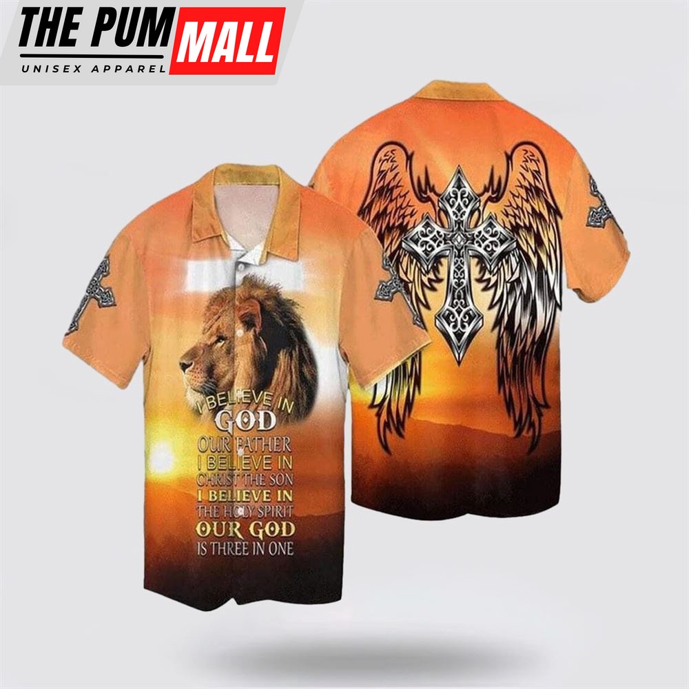 Jesus Hawaiian Shirt, Christian Jesus And Lion Christian Cross Wings I Believe In God Our Father Hawaiian Shirt