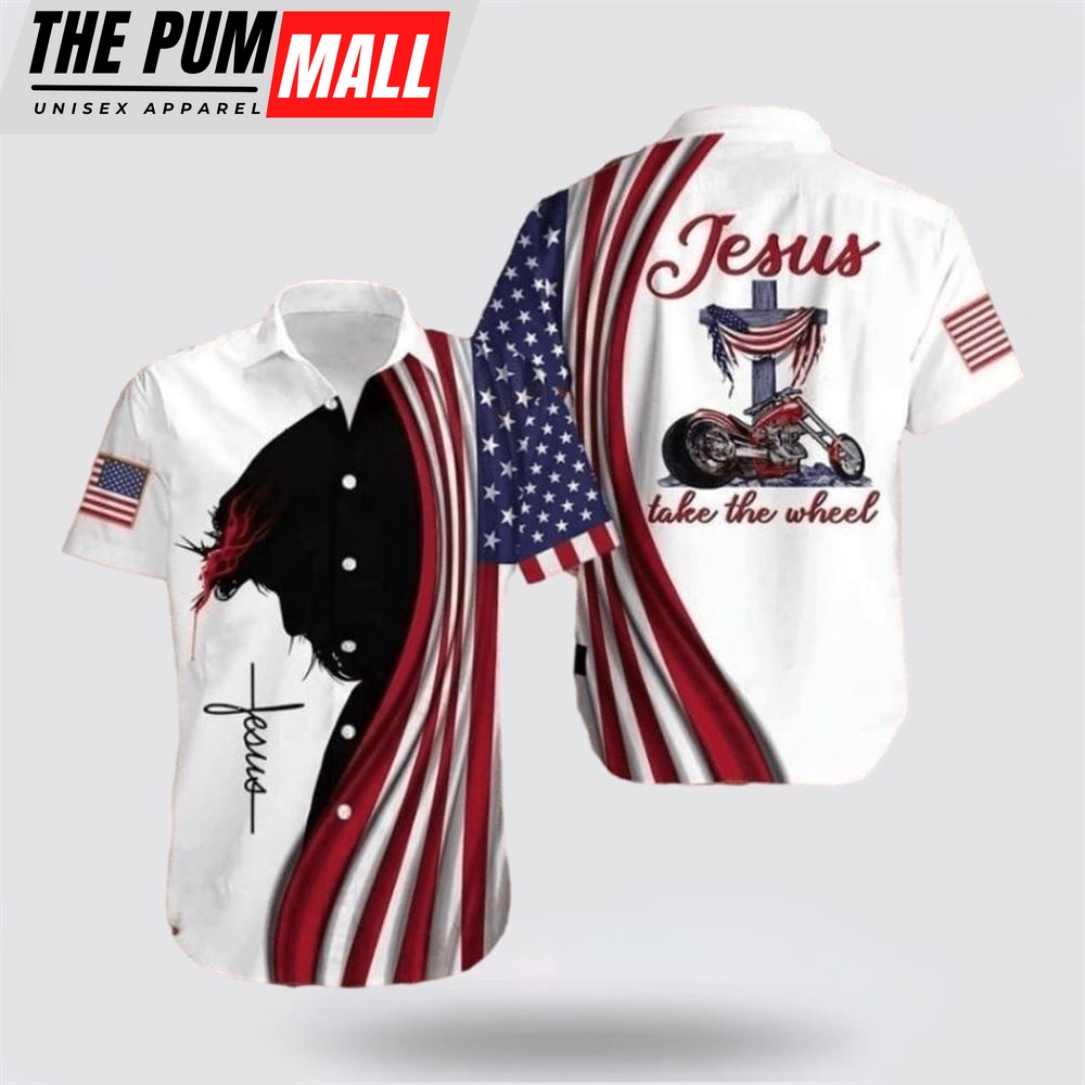 Jesus Hawaiian Shirt, Cross Jesus Bible Americal Flag Biker Jesus Take The Wheel Hawaiian Shirt, Religion Hawaiian Shirt