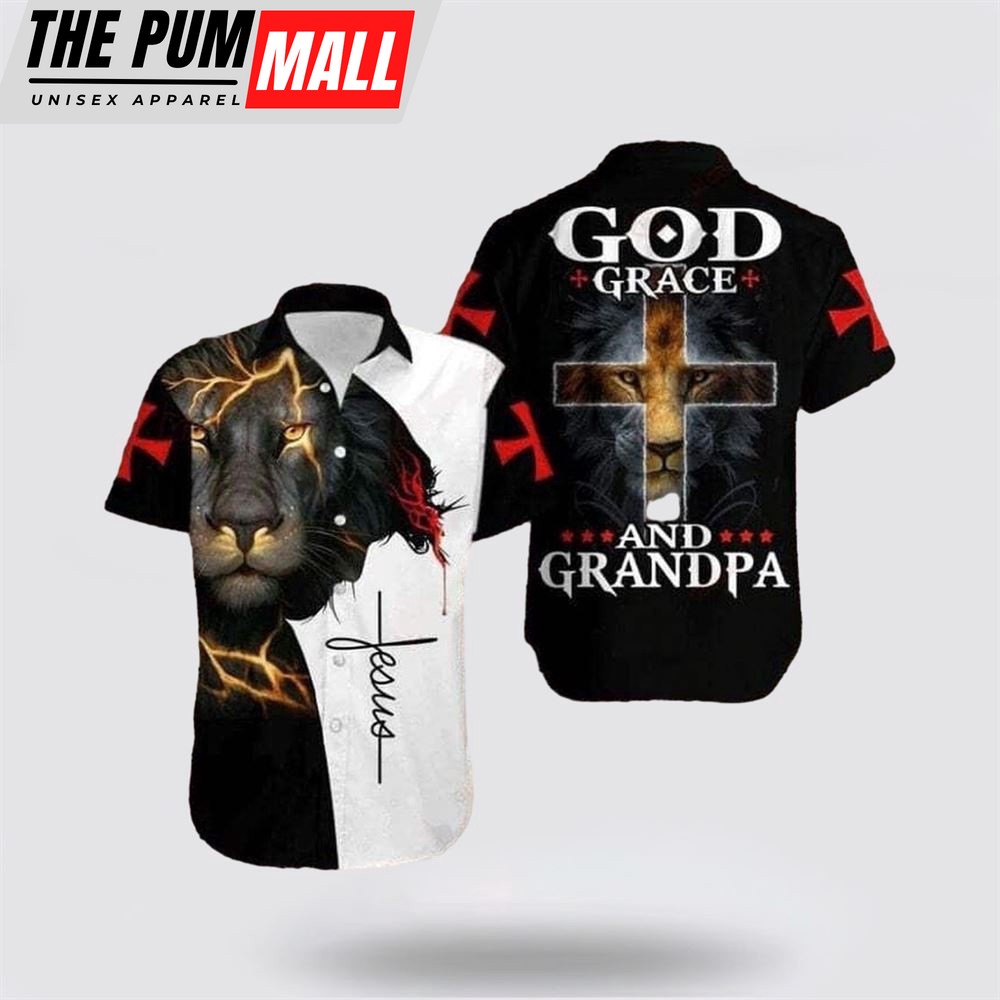 Jesus Hawaiian Shirt, Cross Jesus Bible Lion God Grace And Grandpa Christian Hawaiian Shirt, Religion Hawaiian Shirt