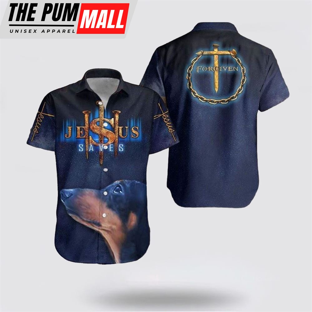 Jesus Hawaiian Shirt, Dachshund Cross Jesus Saves Christian Faith Dog Lover Unique Hawaiian Shirt, Religion Hawaiian Shirt