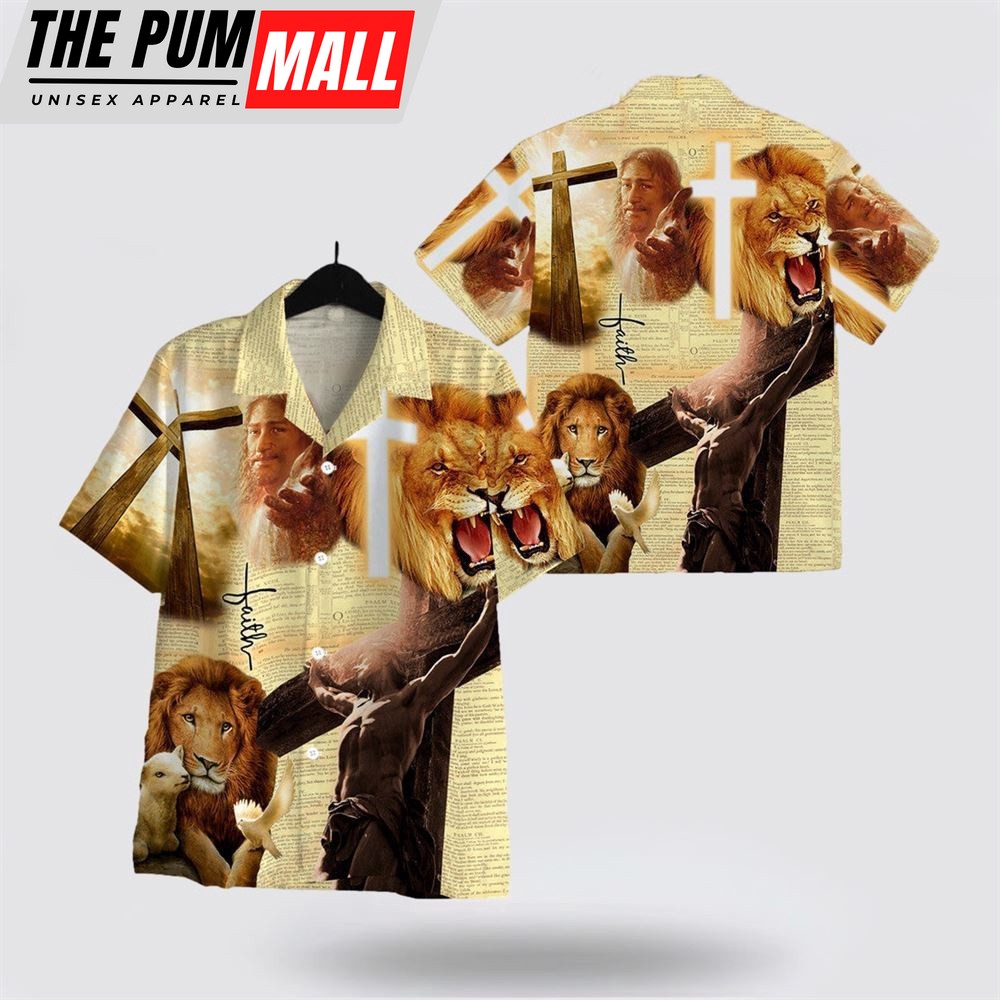 Jesus Hawaiian Shirt, Faith Lion Lamb Jesus 3D Hawaiian Shirt, Religion Hawaiian Shirt