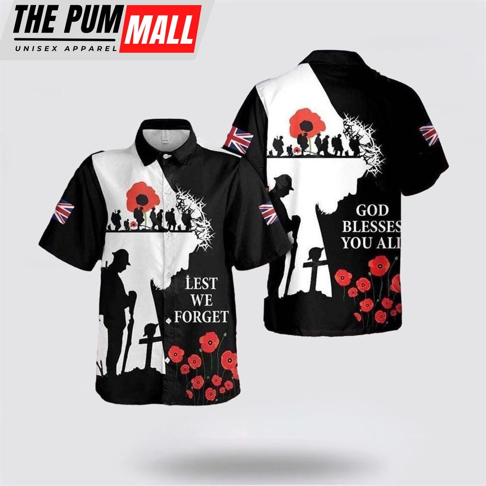 Jesus Hawaiian Shirt, God Blessed You All Veteran Lest We Forget Black And White Christian Hawaiian Shirt, Religion Hawaiian Shirt