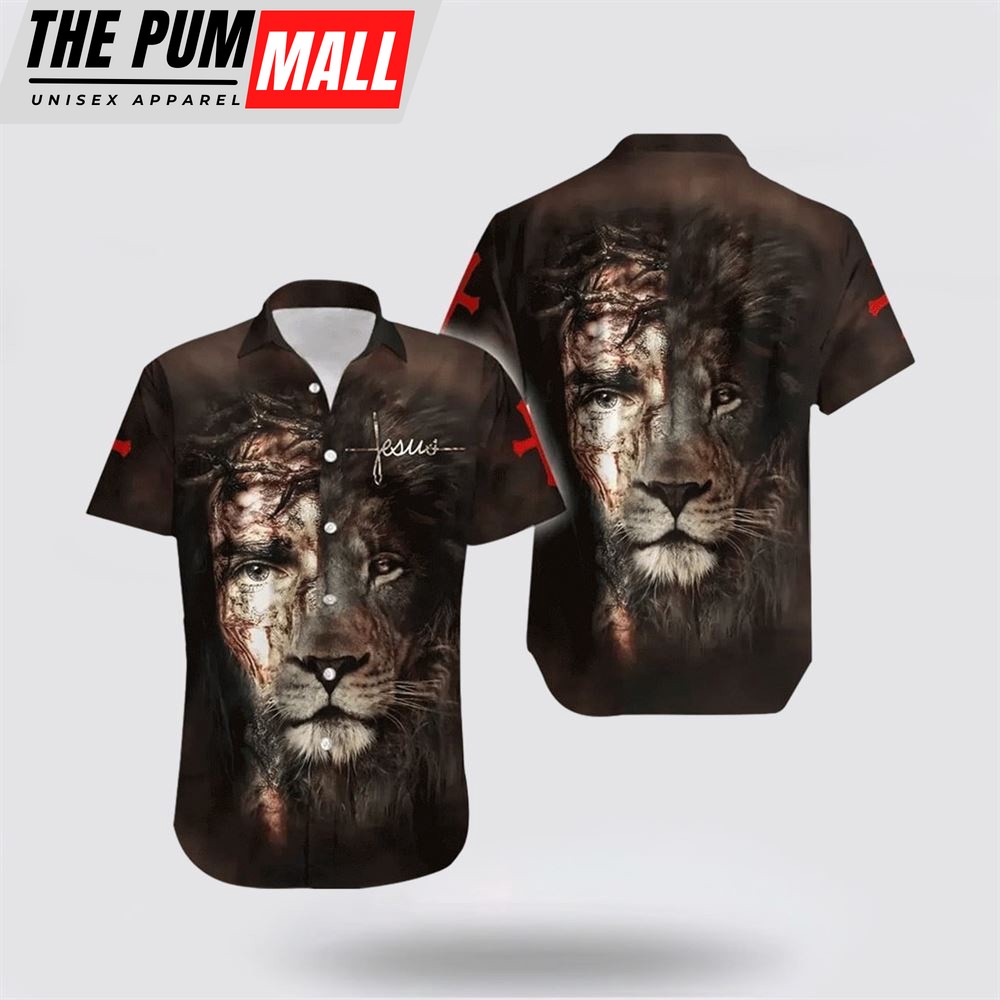 Jesus Hawaiian Shirt, Jesus And Lion Gray Hawaiian Shirt, Religion Hawaiian Shirt