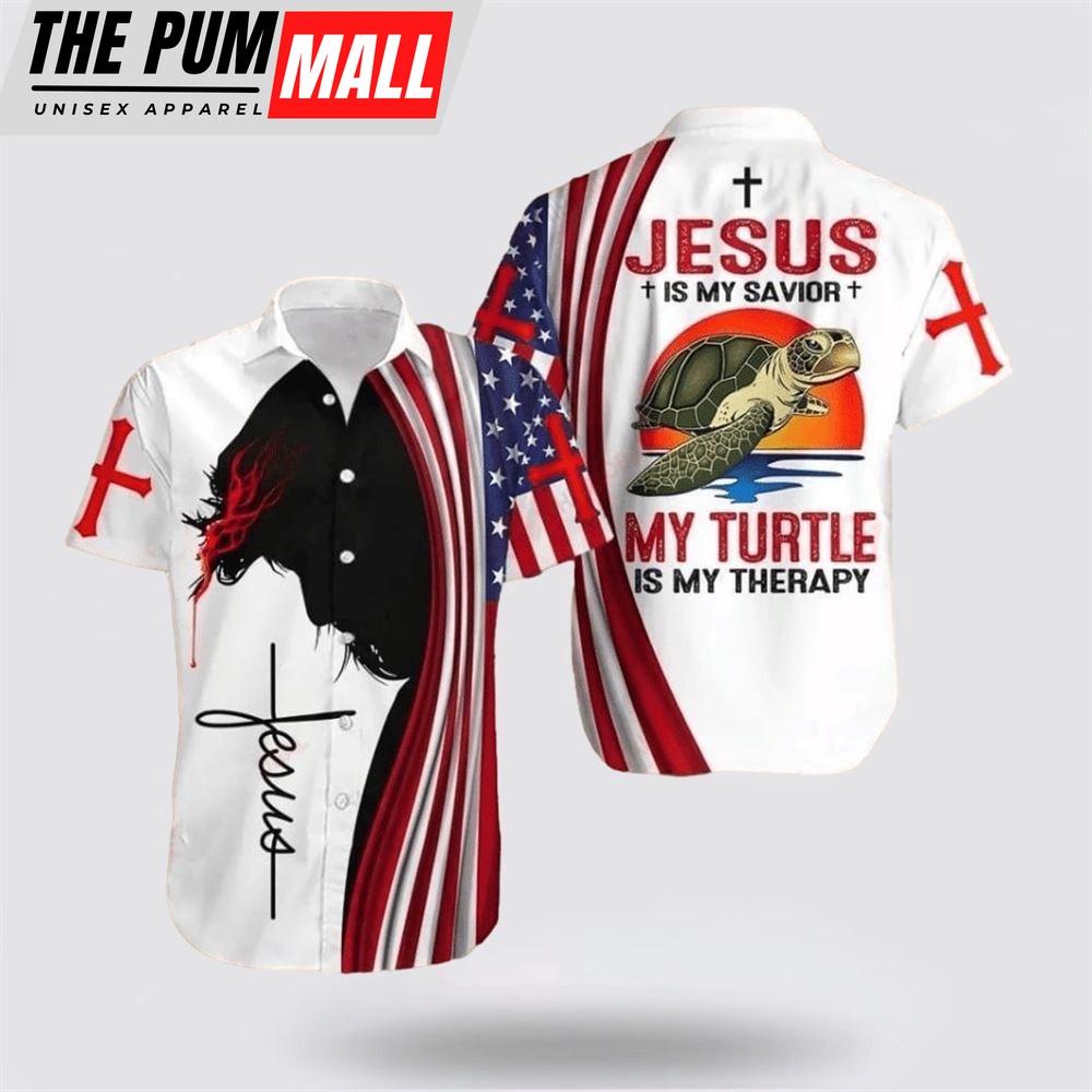 Jesus Hawaiian Shirt, Jesus Bible Cross Jesus Is My Savior My Turtle Is My Therapy Hawaiian Shirt, Religion Hawaiian Shirt