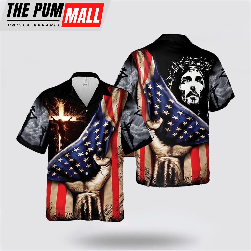 Jesus Hawaiian Shirt, Jesus Christ American Flag Cross Hawaiian Shirt, Religion Hawaiian Shirt