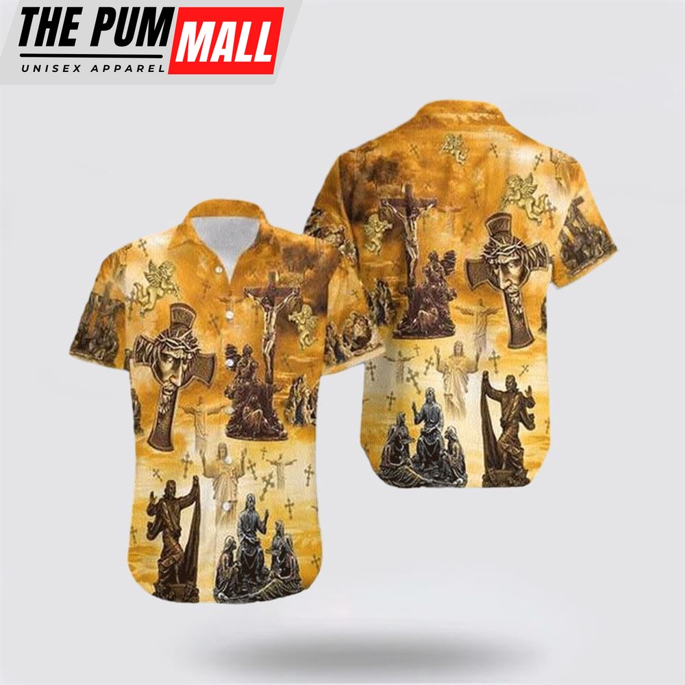 Jesus Hawaiian Shirt, Jesus Cross Statue Yellow Hawaiian Shirt, Religion Hawaiian Shirt
