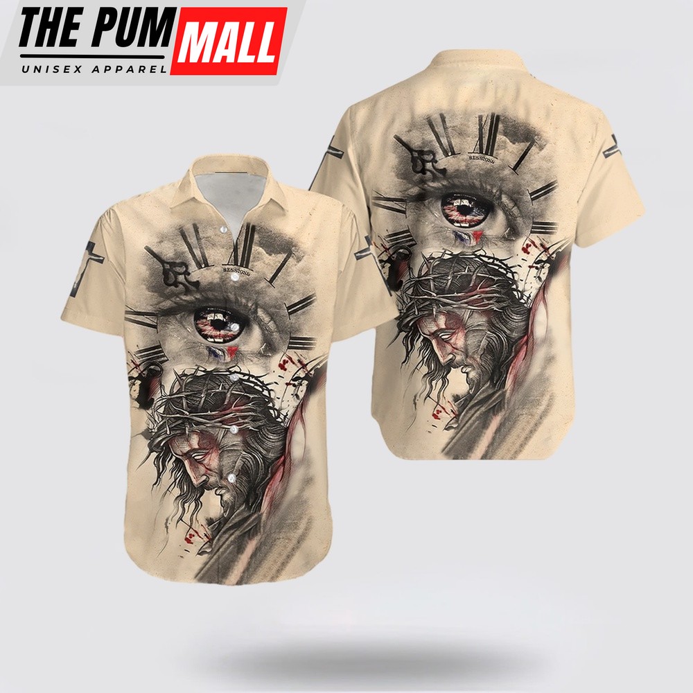 Jesus Hawaiian Shirt, Jesus Eye Clock Hawaiian Shirt, Religion Hawaiian Shirt