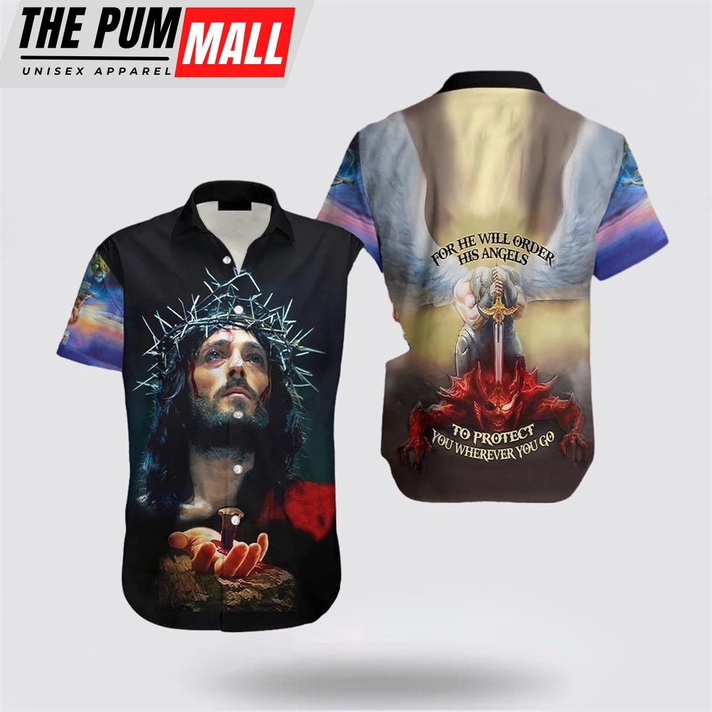 Jesus Hawaiian Shirt, Jesus For He Will Order His Angle Hawaiian Shirt, Religion Hawaiian Shirt