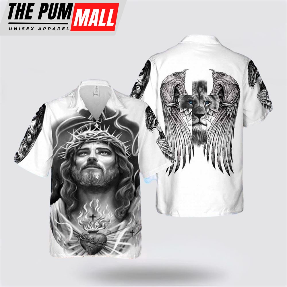 Jesus Hawaiian Shirt, Jesus Lion Heart Wings Hawaiian Shirt, Religion Hawaiian Shirt