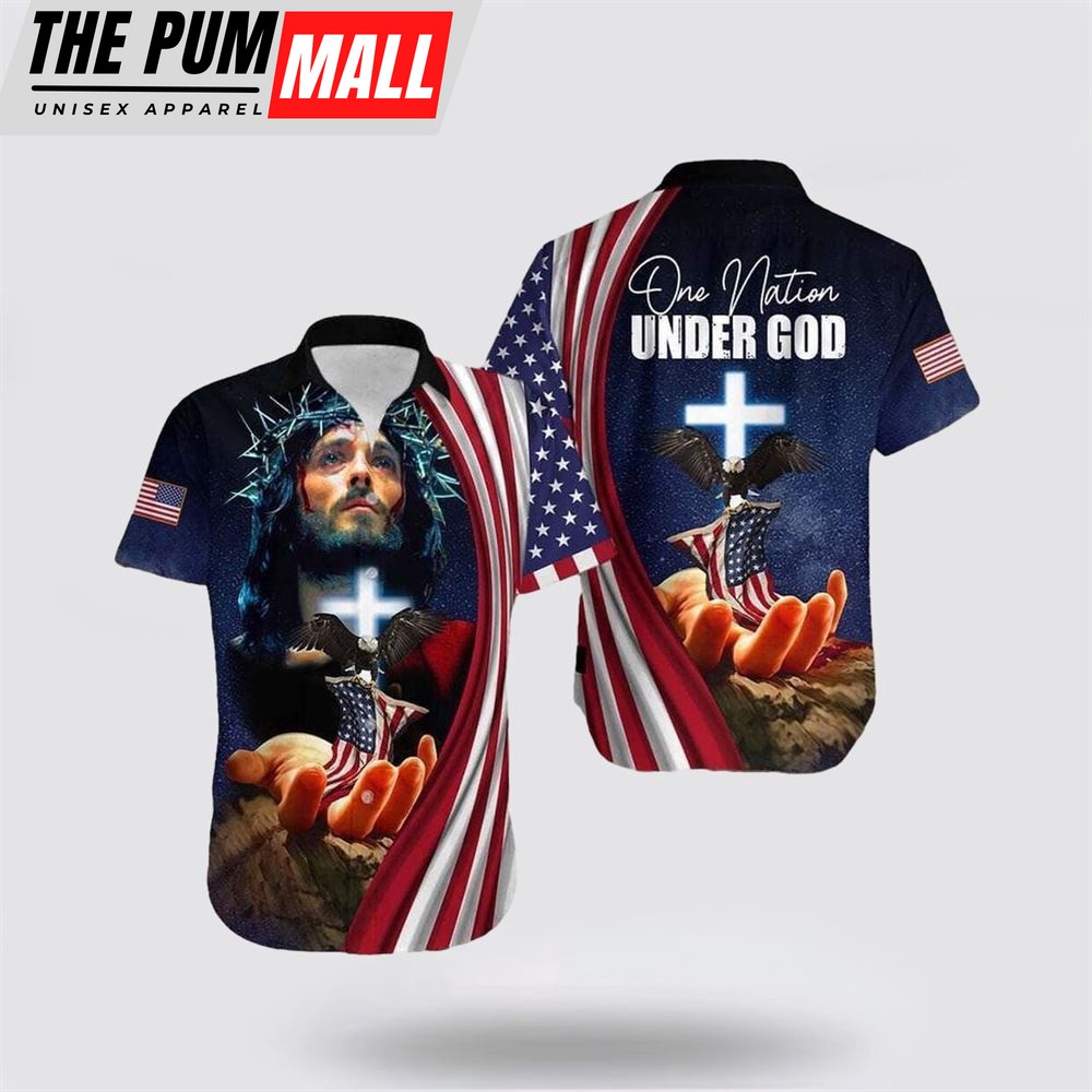 Jesus Hawaiian Shirt, Jesus One Nation Under God American Flag Christian US Flag Hawaiian Shirt, Religion Hawaiian Shirt