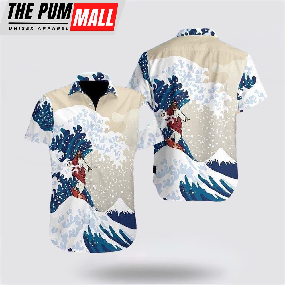 Jesus Hawaiian Shirt, Jesus Surfing Hawaiian Shirt, Religion Hawaiian Shirt