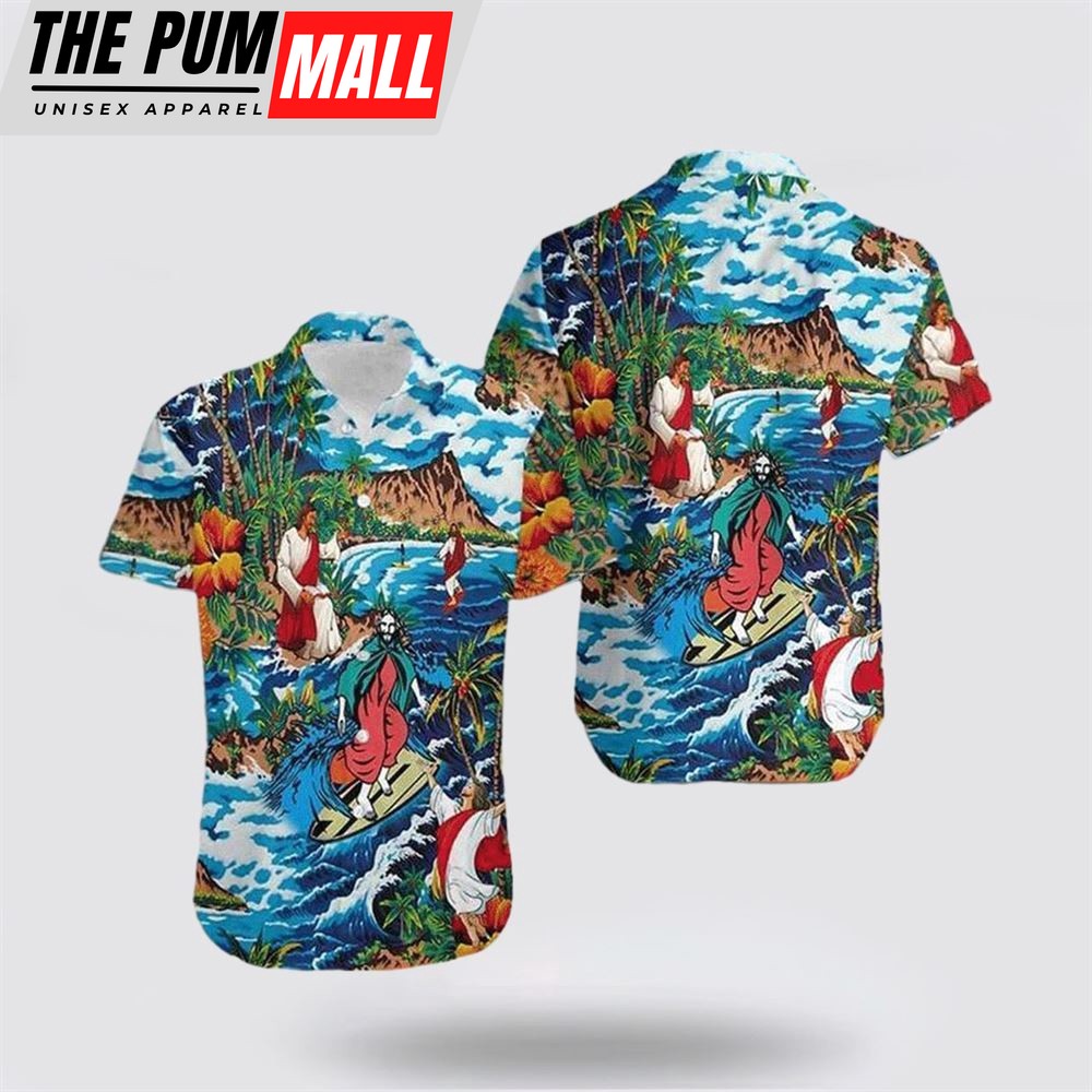 Jesus Hawaiian Shirt, Jesus Surfing On Island Hawaiian Shirt, Religion Hawaiian Shirt