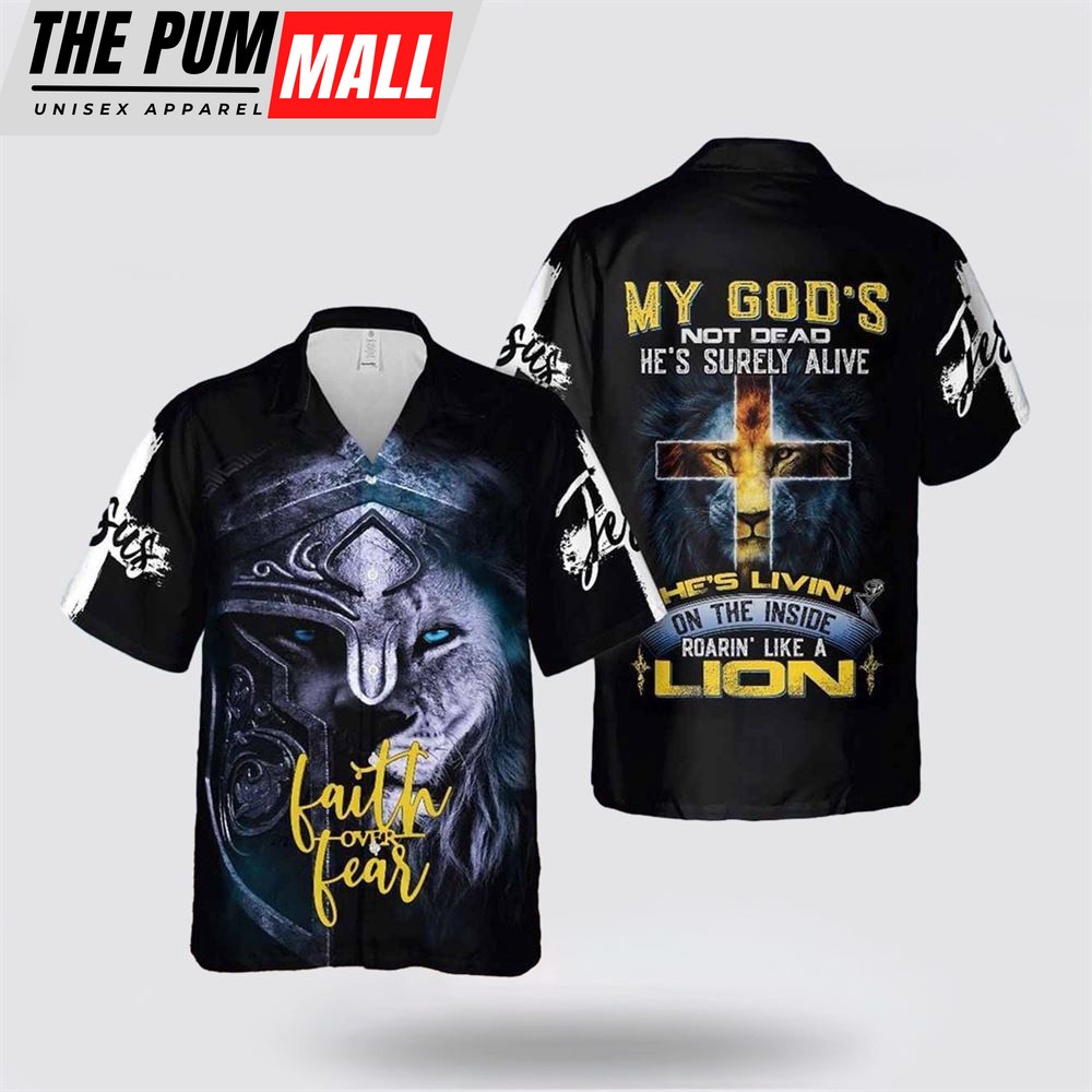 Jesus Hawaiian Shirt, Lion God Inside Faith Over Fear Lion Jesus Hawaiian Shirt, Religion Hawaiian Shirt