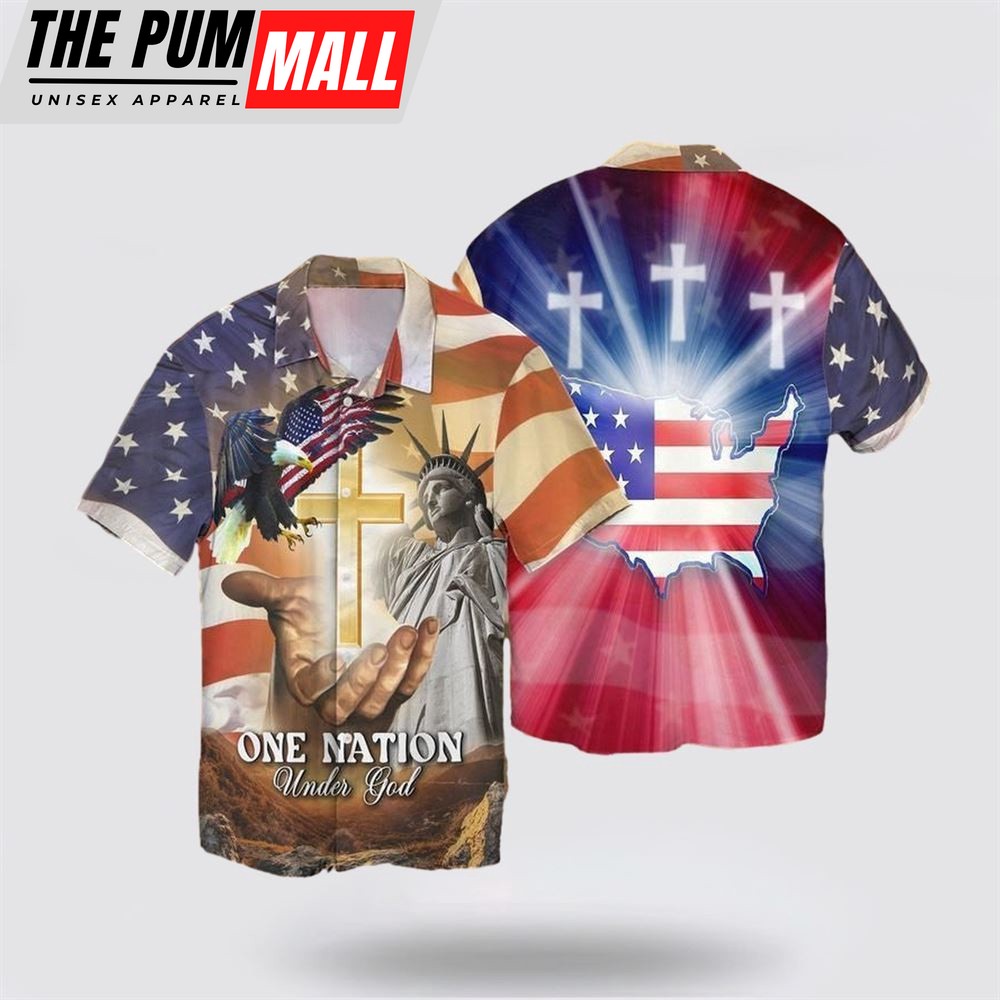 Jesus Hawaiian Shirt, One Nation Under God American Flag Jesus Eagle Hawaiian Shirt, Religion Hawaiian Shirt
