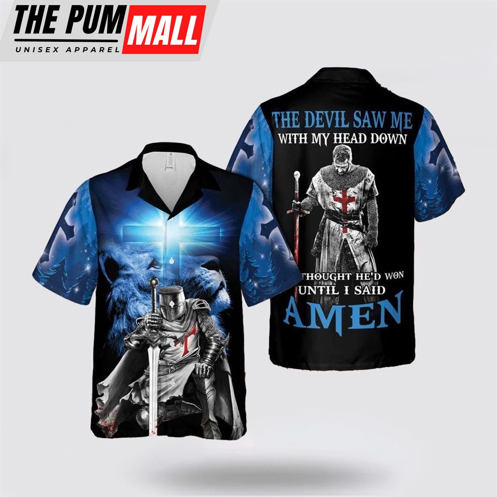 Jesus Hawaiian Shirt, The Devil Saw Me with My Head Down Knight Jesus Lion King Hawaiian Shirt, Religion Hawaiian Shirt