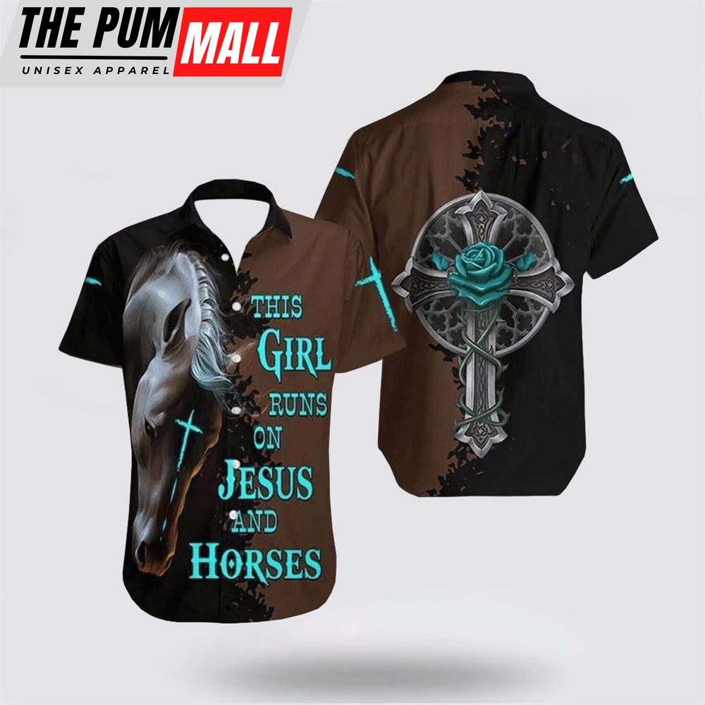 Jesus Hawaiian Shirt, This Girl Runs On Jesus And Horse Black Brown Hawaiian Shirt, Religion Hawaiian Shirt