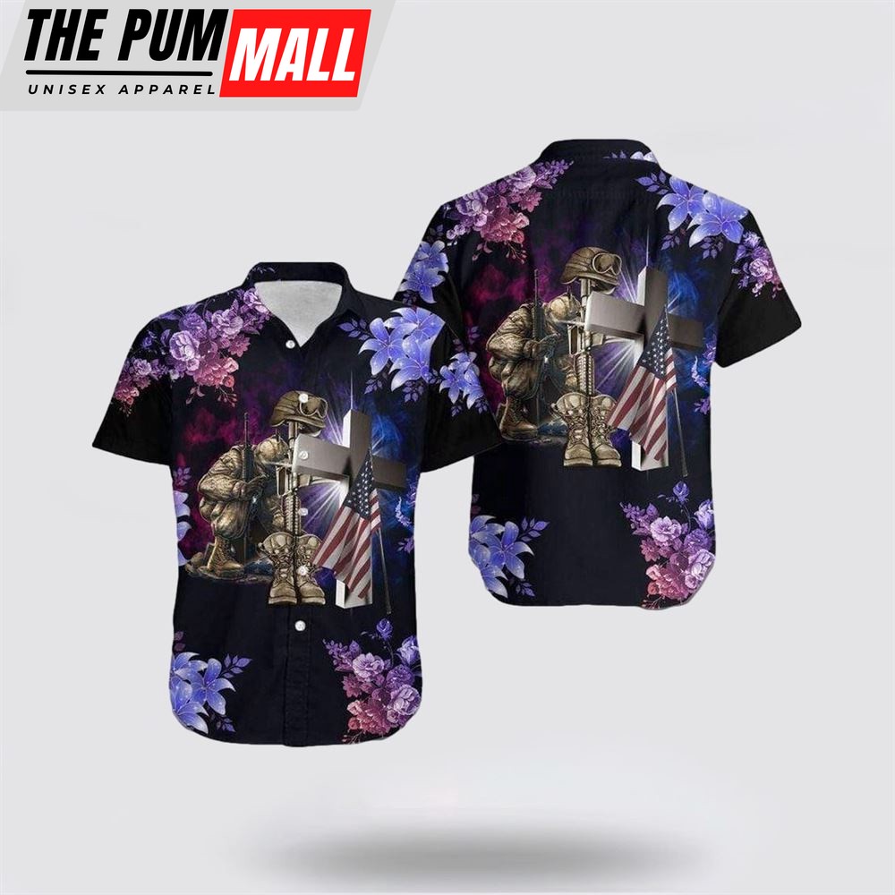 Jesus Hawaiian Shirt, Veteran And Jesus Cross Red Blue Tropical Hawaiian Shirt, Religion Hawaiian Shirt