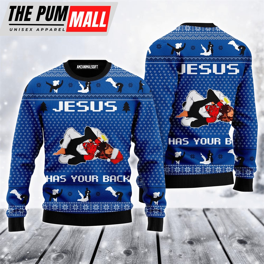Jesus & Satan Ugly Sweater, Jesus Has Your Back Jiu Jitsu Sweater For Men & Women