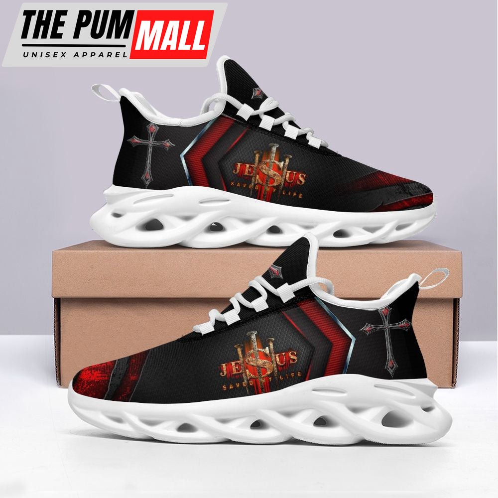 Jesus Saved My Life Running Sneakers Black Red Max Soul Shoes For Men And Women