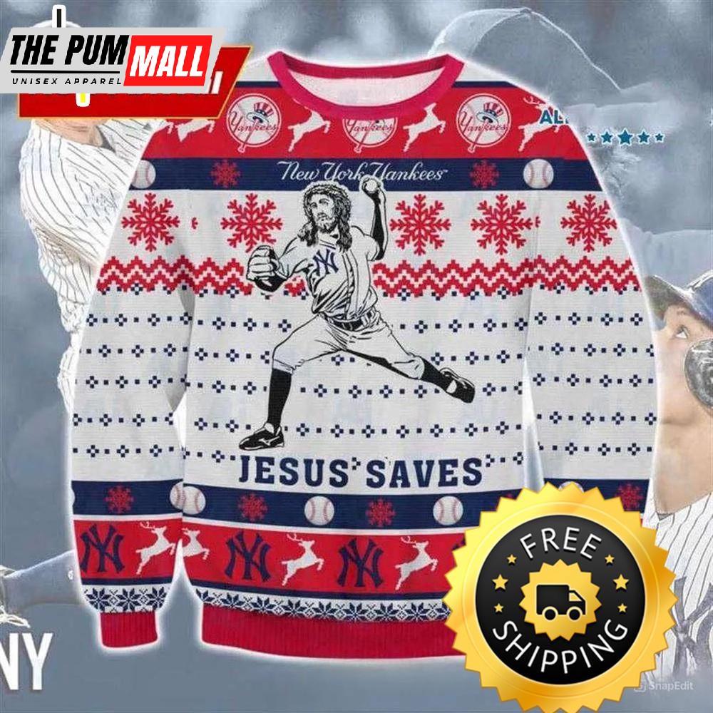 Jesus Saves New York Yankees Ugly Christmas Sweater, New York Yankees Ugly Sweater, MLB Christmas Sweater