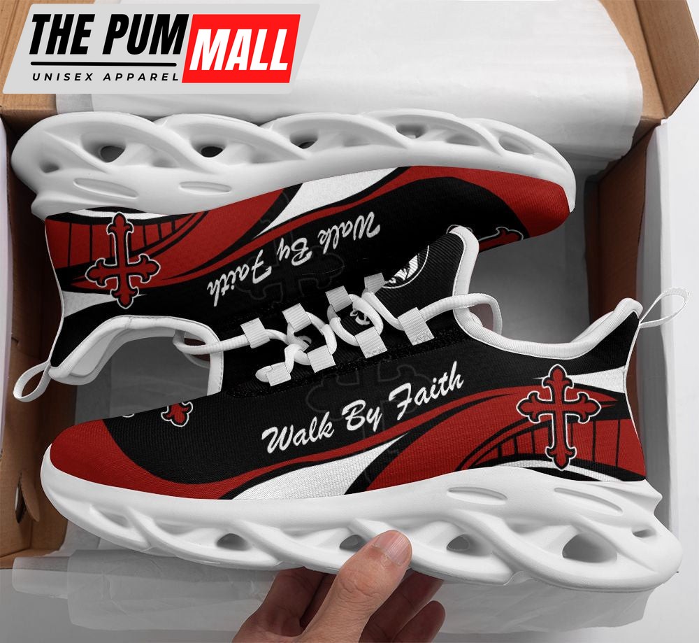 Jesus Walk By Faith Red And Black Running Sneakers Max Soul Shoes For Men And Women