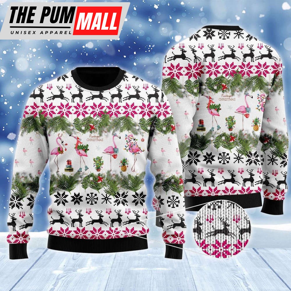 Jingle Bells And Pink Flamingo Xmas Ugly Sweater