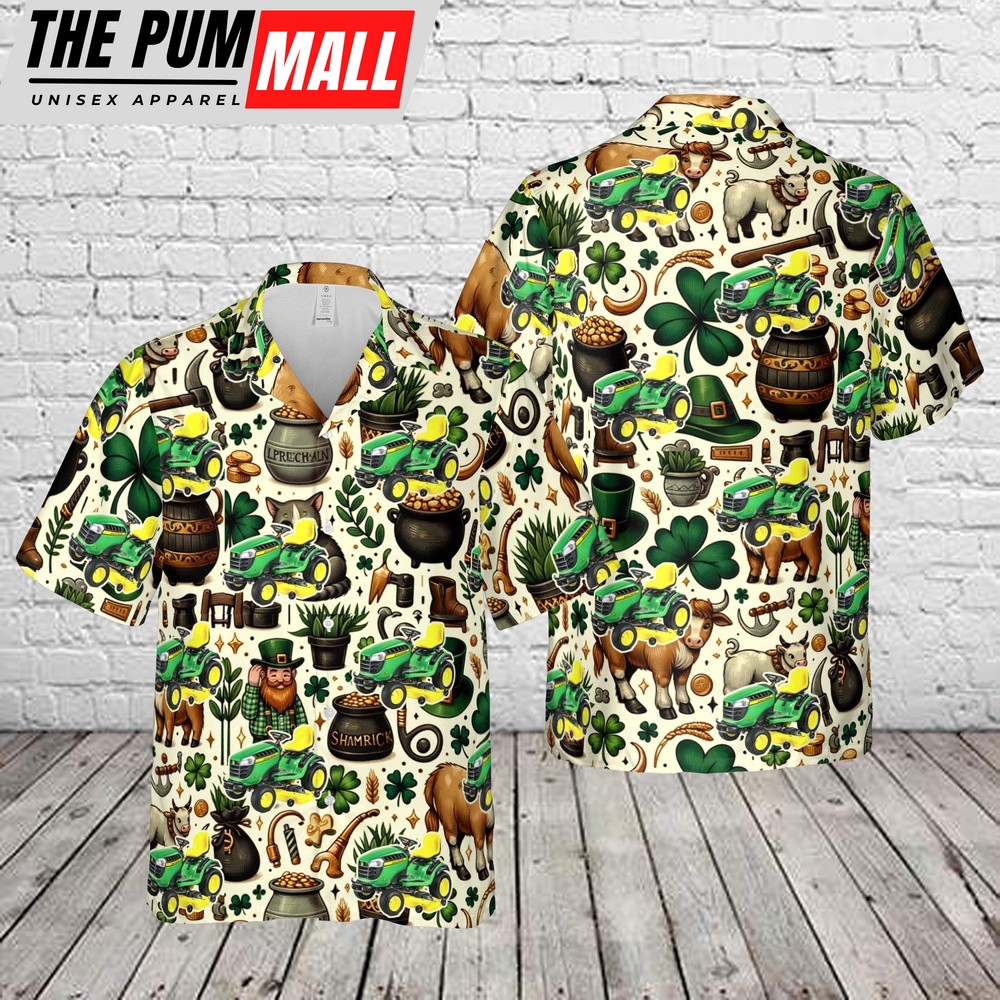John Deere E180 Lawn Tractor St Patrick’s Day Hawaiian Shirt, Shamrock Hawaiian Shirt