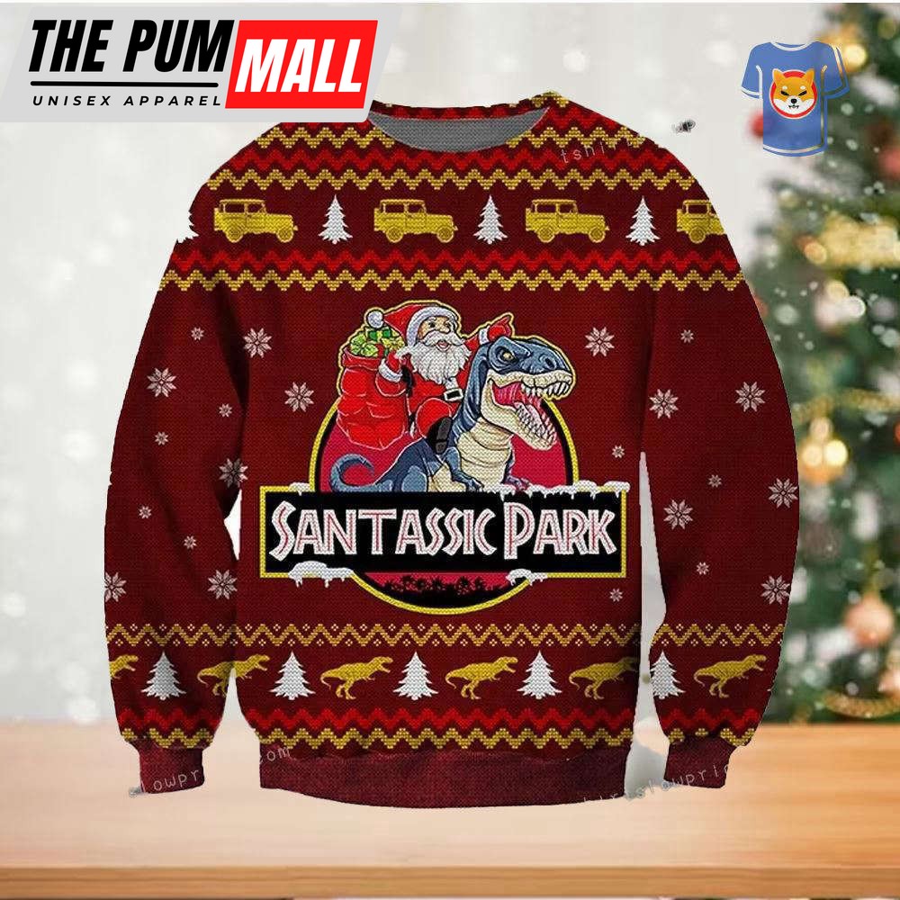 Jurassic Park Santa Claus Riding Dinosaur Ugly Sweater – Gift For Christmas