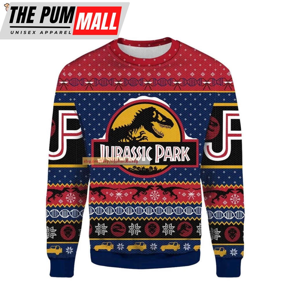 Jurassic Park Ugly Sweater, Dinosaur Skeleton Ugly Sweater Over Print, Jurassic Park Film Ugly Christmas Sweater Hoodie Sweatshirt