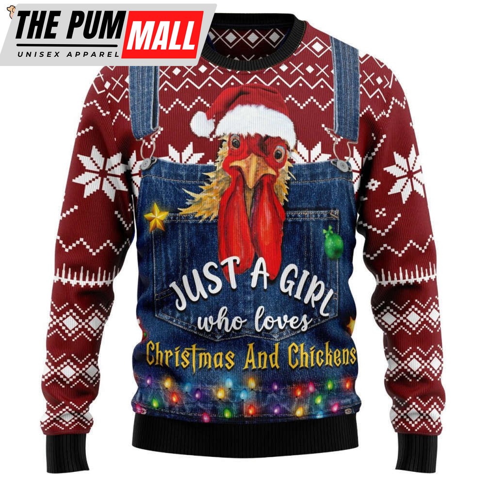 Just a Girl Who Loves Chickens Ugly Knitted Christmas Sweatshirt, Xmas Sweater, Christmas Sweater, Ugly Christmas Sweater