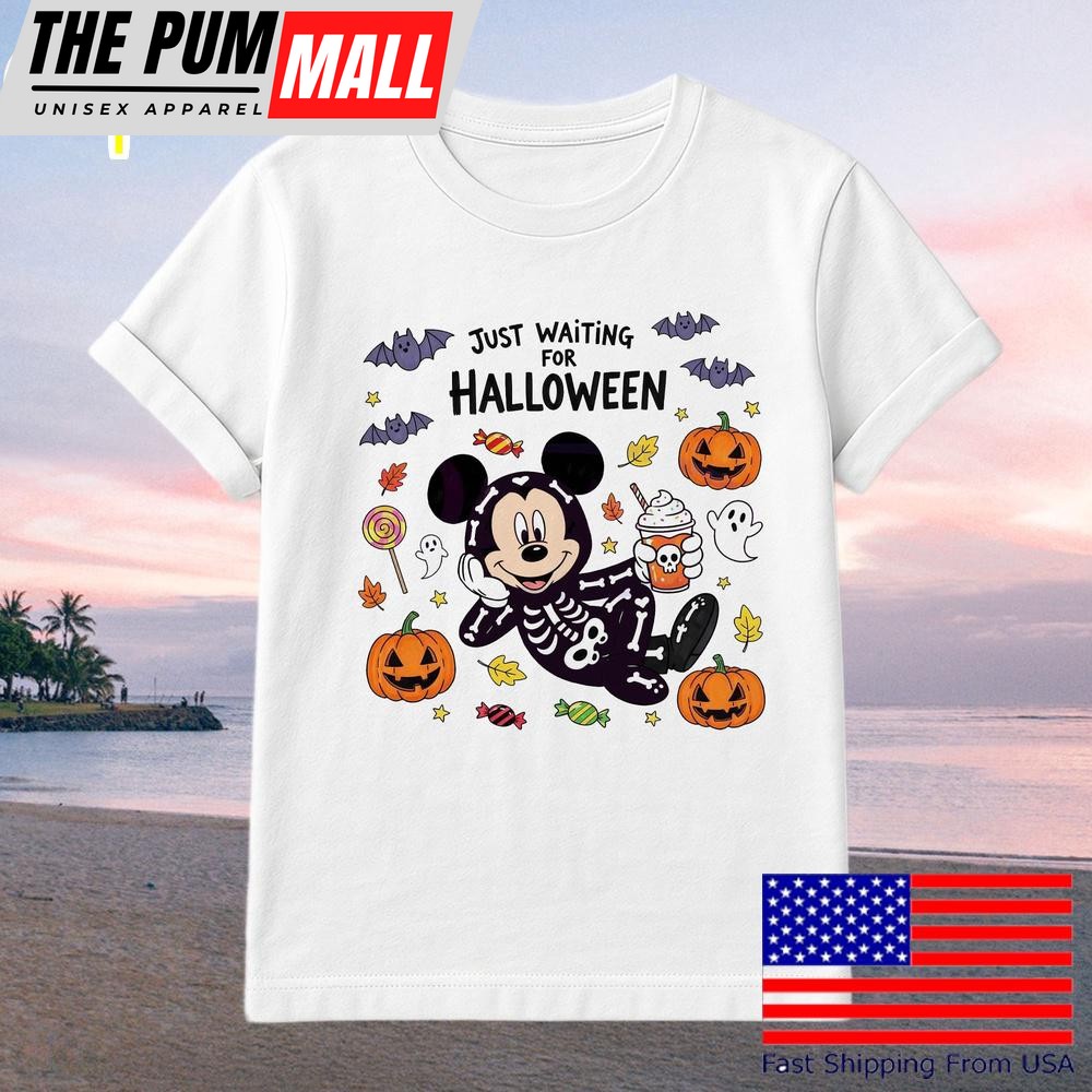 Just Waiting For Halloween Mouse Character Pumpkin Fall Spooky Season T-Shirt