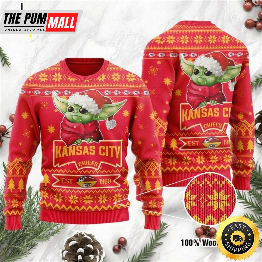 Kansas City Chiefs Cute Baby Yoda Grogu Holiday Party Ugly Christmas Sweater