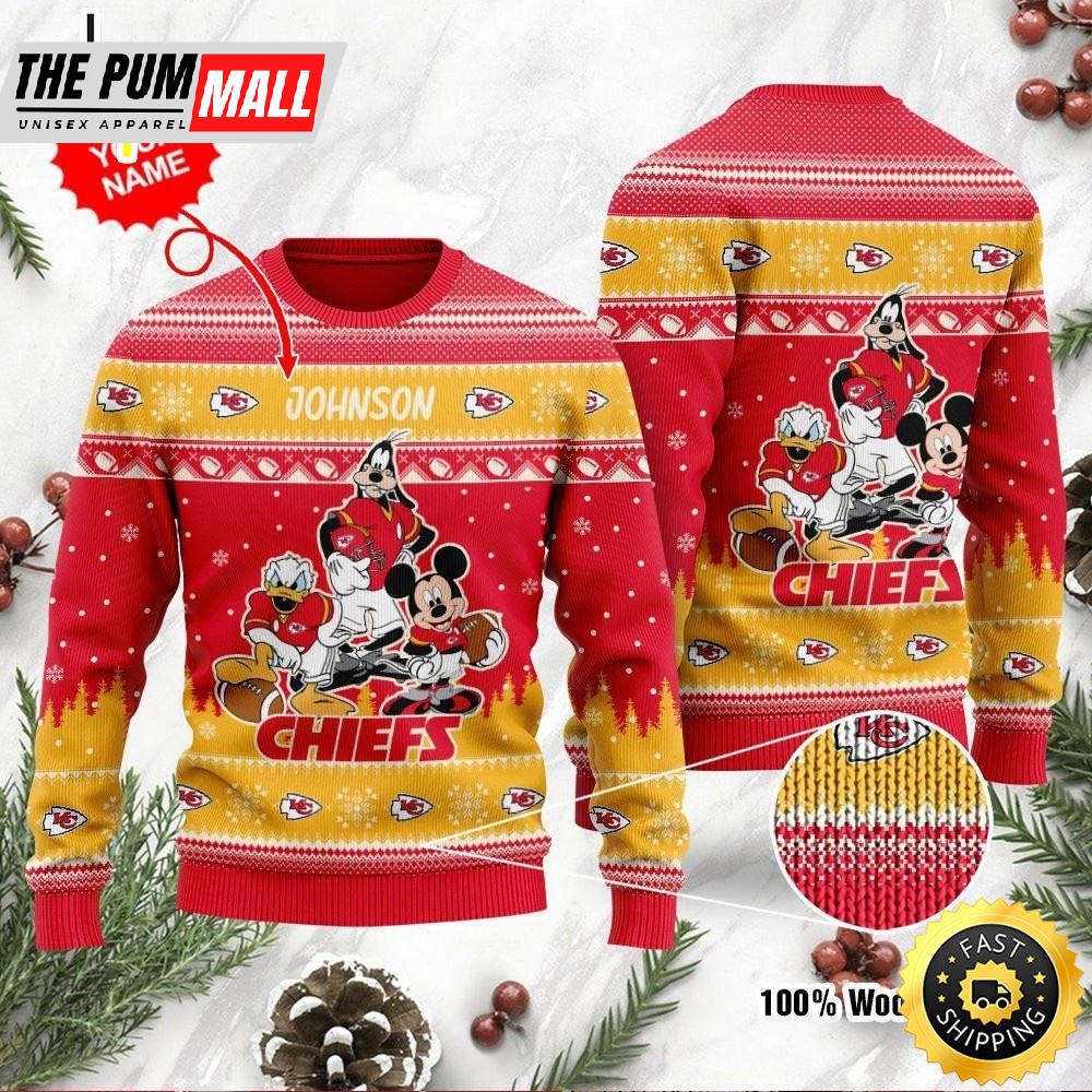 Kansas City Chiefs Disney Donald Duck Mickey Mouse Goofy Personalized Ugly Christmas Sweater Perfect Holiday Gift