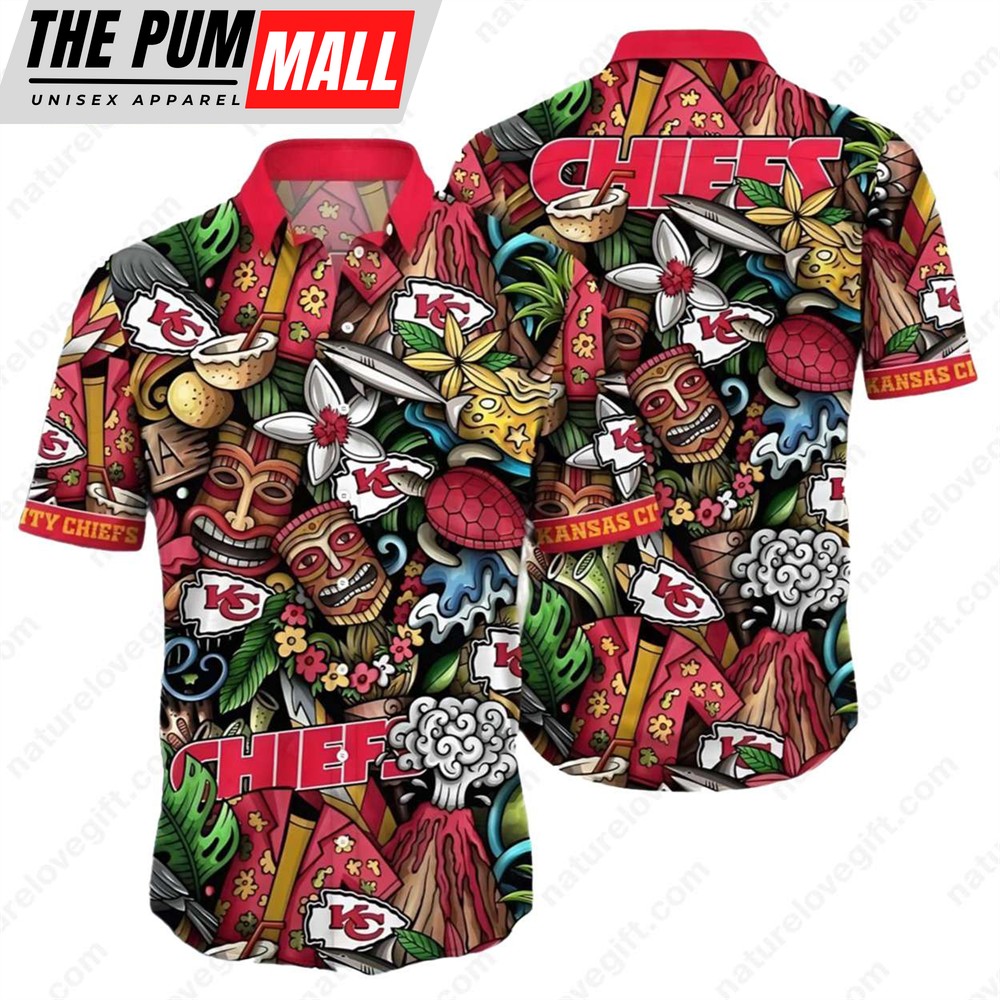 Kansas City Chiefs Tiki Icons Button Up Hawaiian Shirt