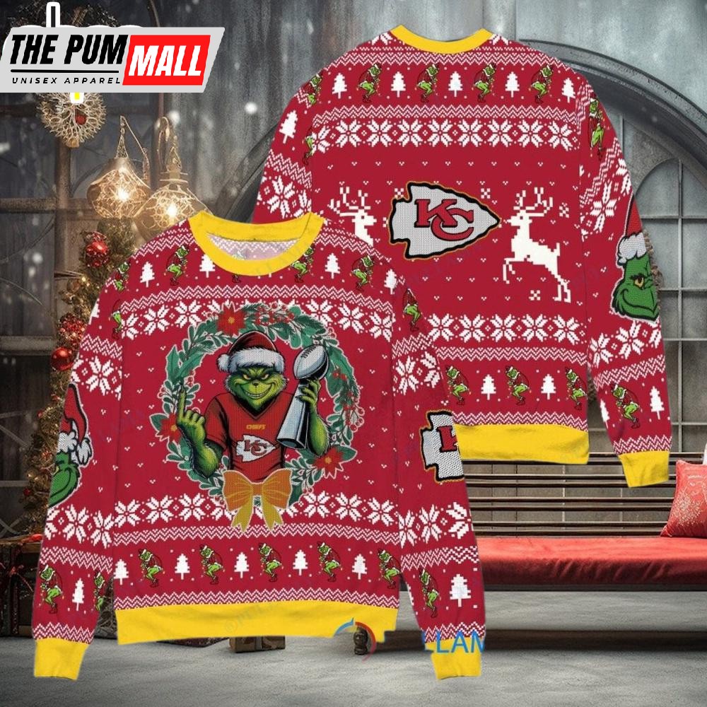 Kansas City Chiefs x Grinch NFL Grinch Super Bowl Trophy Ugly Christmas Sweater