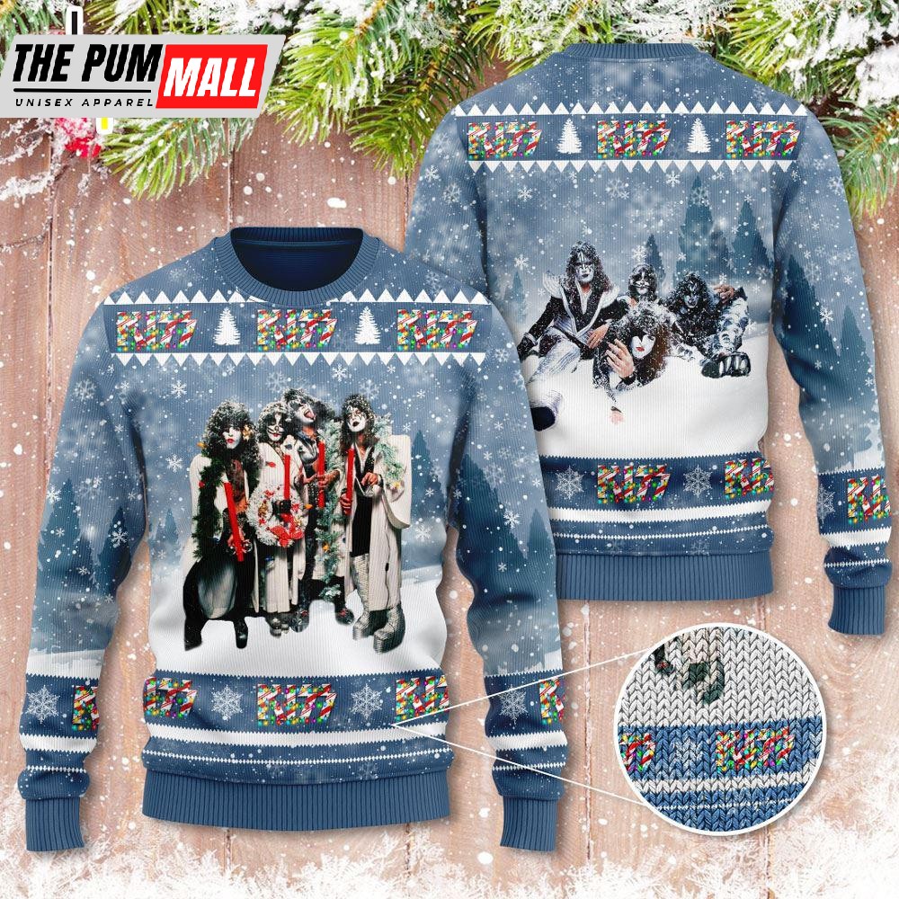 KISS Band 3D Ugly Sweater Light Blue Gift For Christmas