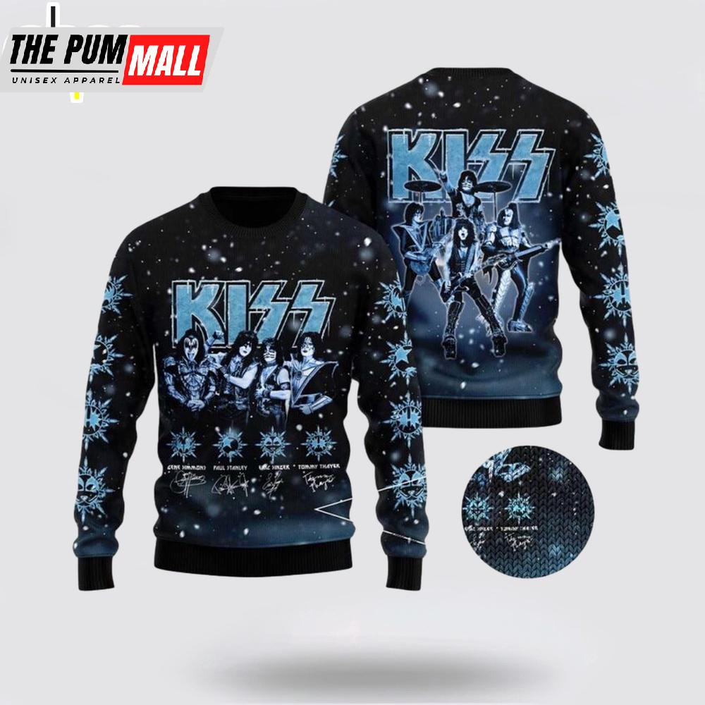 Kiss Graphics With Signatures Snowy Night Holiday Style 2025 Ugly Christmas Sweater