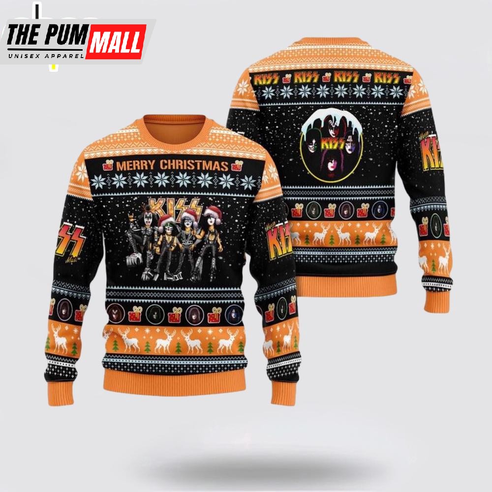 Kiss Merry Christmas Funny Santa Band Members Cartoon Style Ugly Merry Christmas Sweater