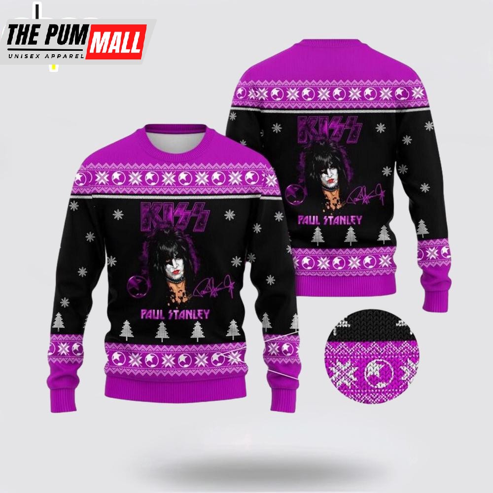 Kiss Paul Stanley With Signature Purple Knitted Ugly Merry Christmas Sweater