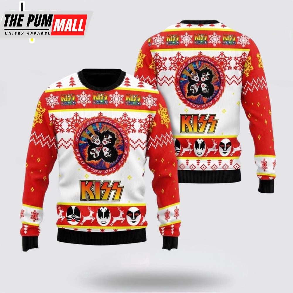 Kiss Rock And Roll Over Circle Logo Faces Pattern Ugly Merry Christmas Sweater