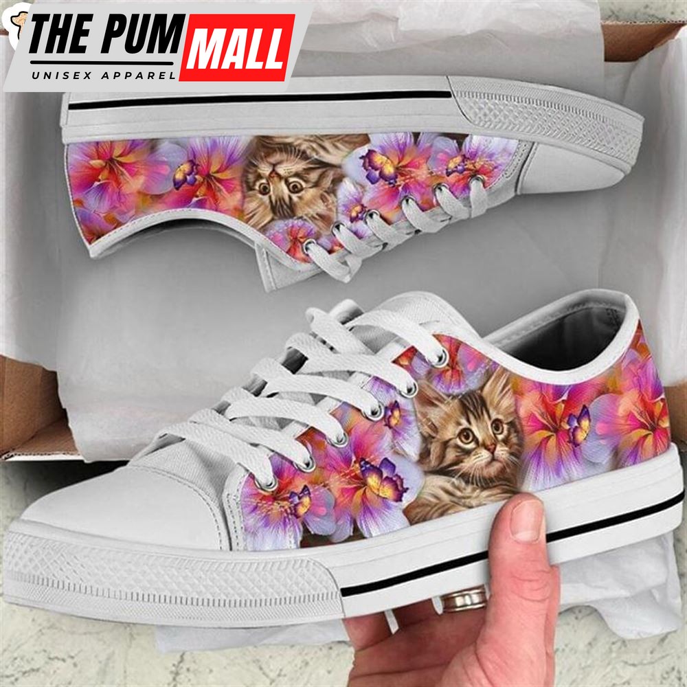 Kitty Hibiscus Low Top Shoes – Bengal Cat Flat Canvas Sneaker – Owners Gift Cat Breeders