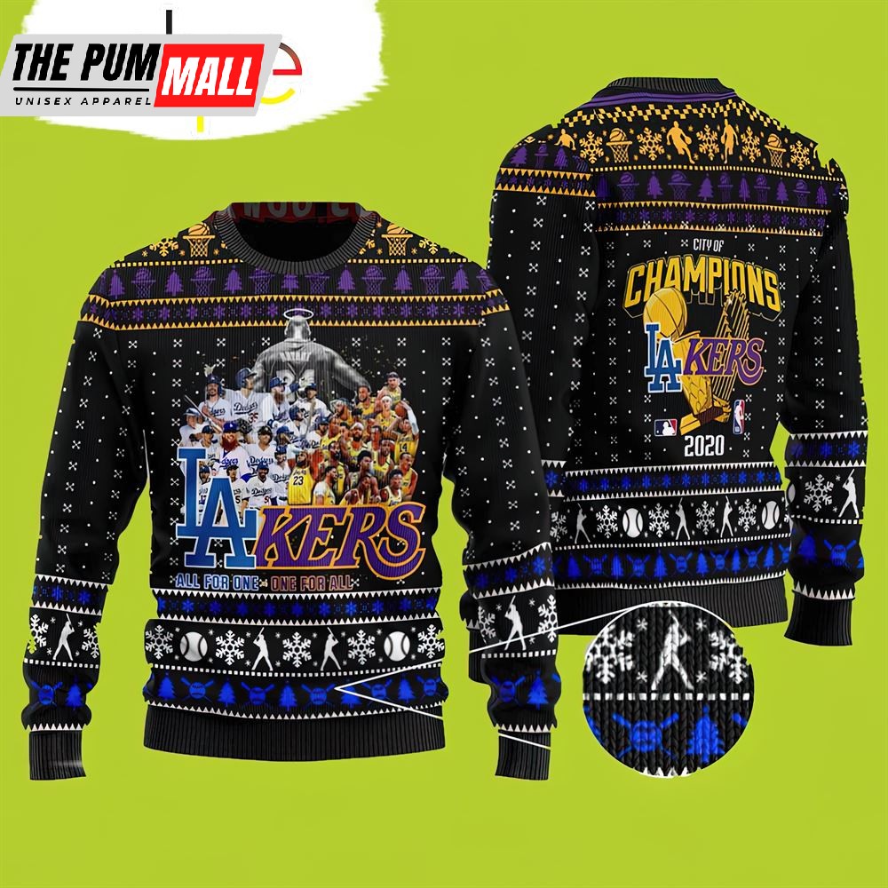 LA Dodgers And Lakers All Team City Of Champions Lakers Christmas Sweater