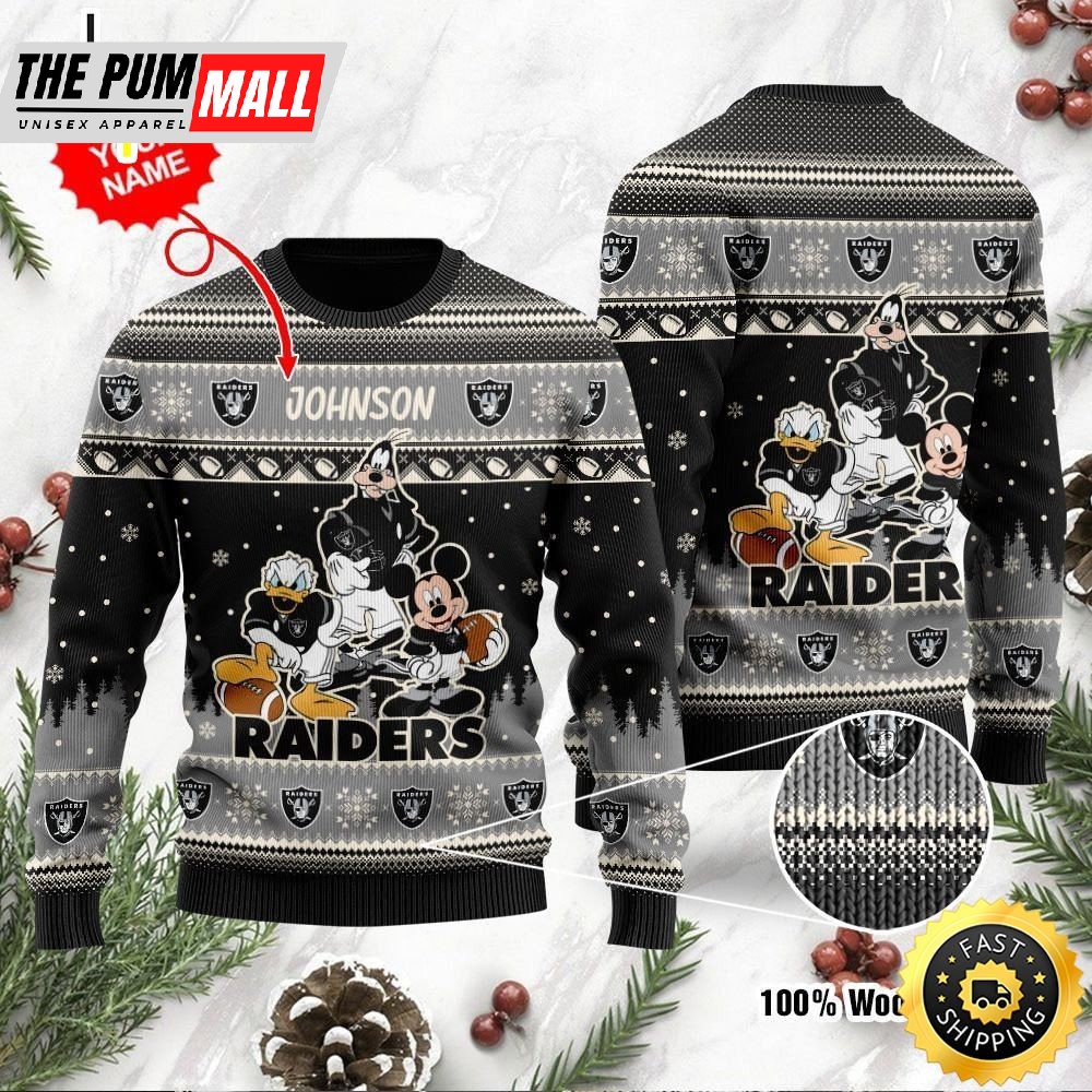 Las Vegas Raiders Disney Donald Duck Mickey Mouse Goofy Personalized Ugly Christmas Sweater Perfect Holiday Gift