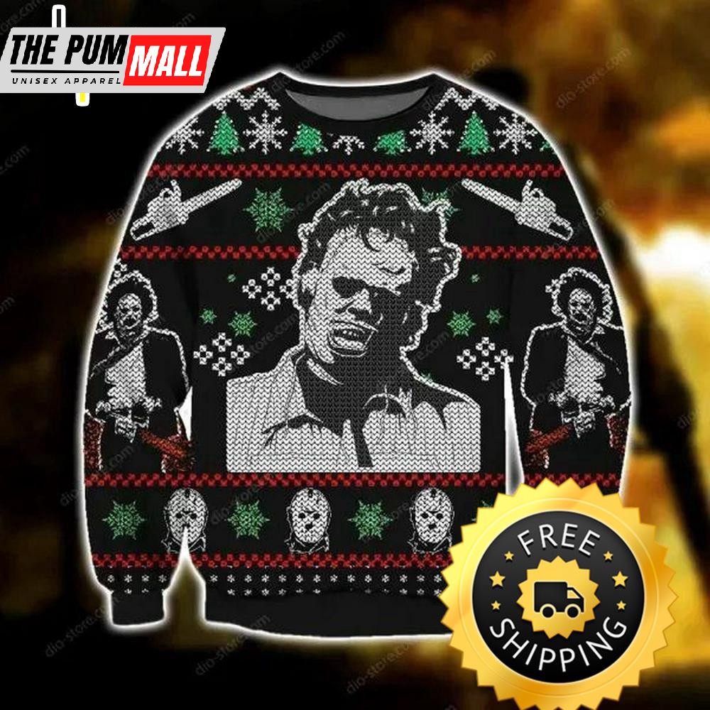 Leatherface Knitting Pattern 3D Print Ugly Christmas Sweater, Halloween Christmas Sweater