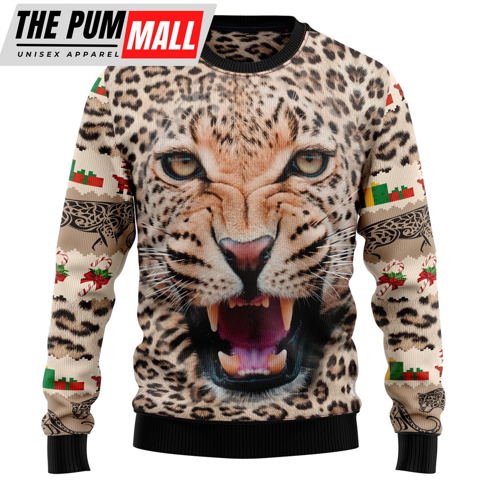 Leopard Cute Face Ugly Christmas Sweater – Funny Family Sweater Gifts – Unisex Crewneck Sweater