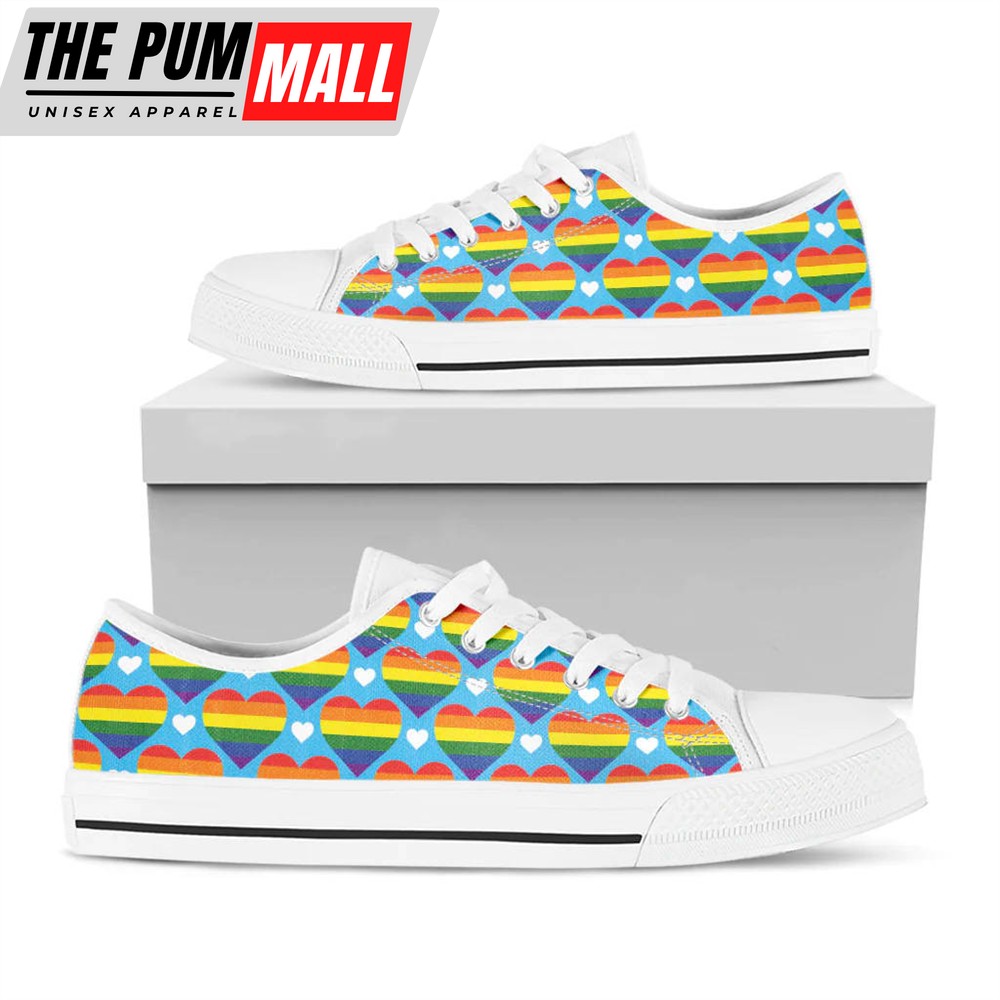 Lgbt Pride Rainbow Heart Pattern Print White Low Top Sneakers