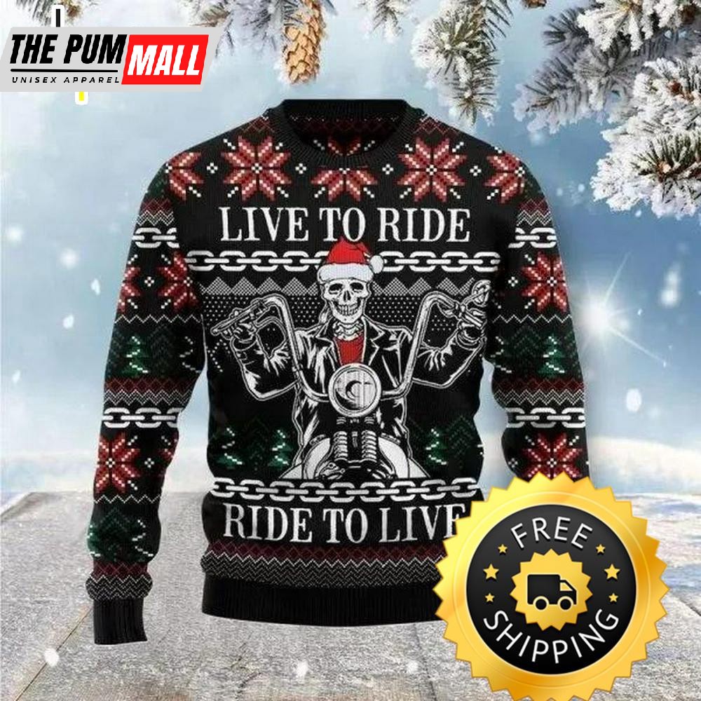 Live To Ride Motorbike Skeleton Ugly Christmas Sweater, Halloween Christmas Sweater