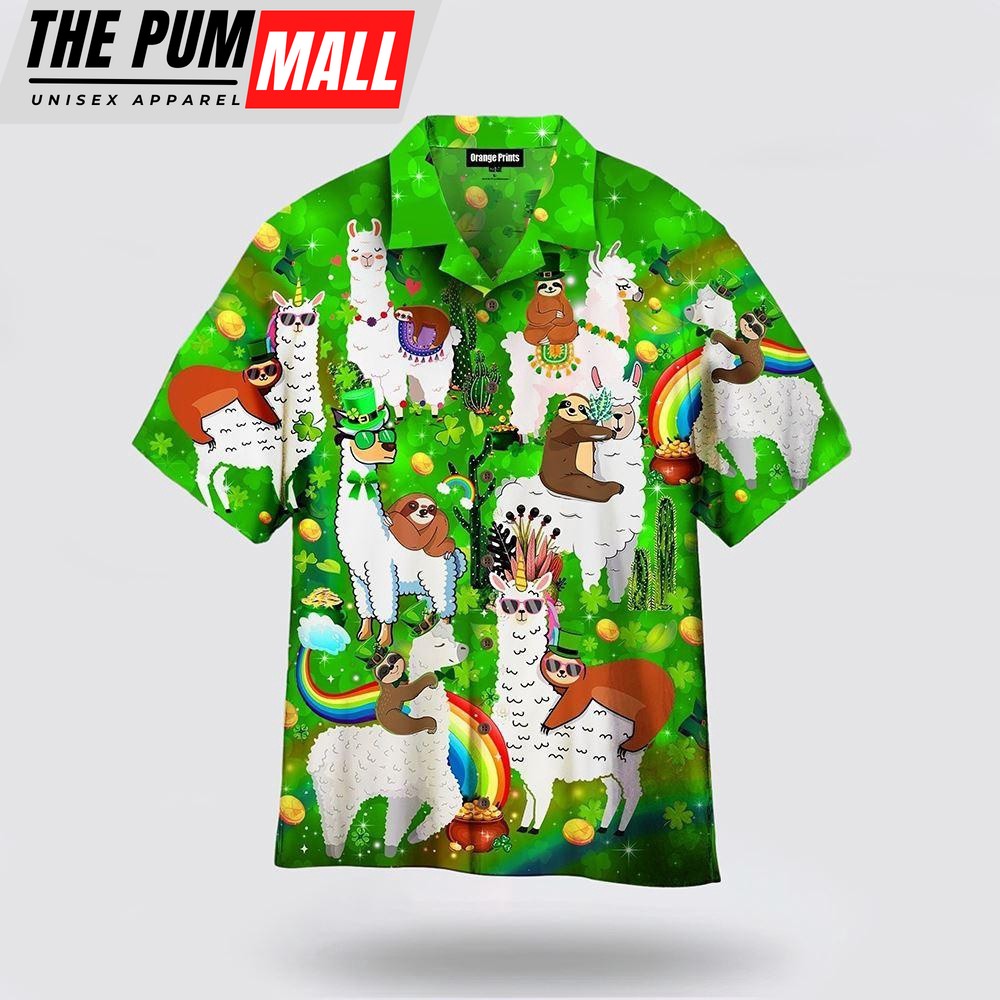 Llama And Sloth St Patricks Day Shirts, Shamrock Hawaiian Shirt
