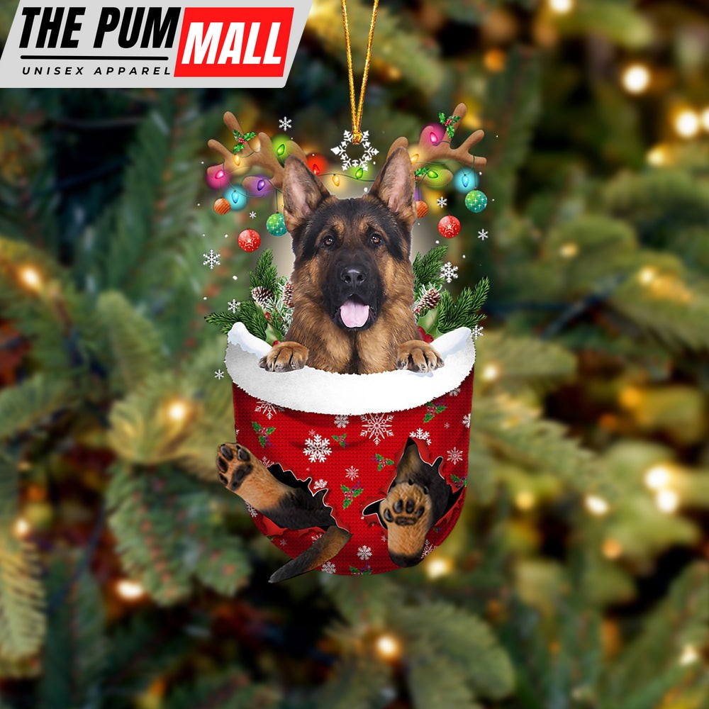 Long Haired German Shepherd In Snow Pocket Christmas Ornament – Two Sided Christmas Plastic Hanging Limited Edition